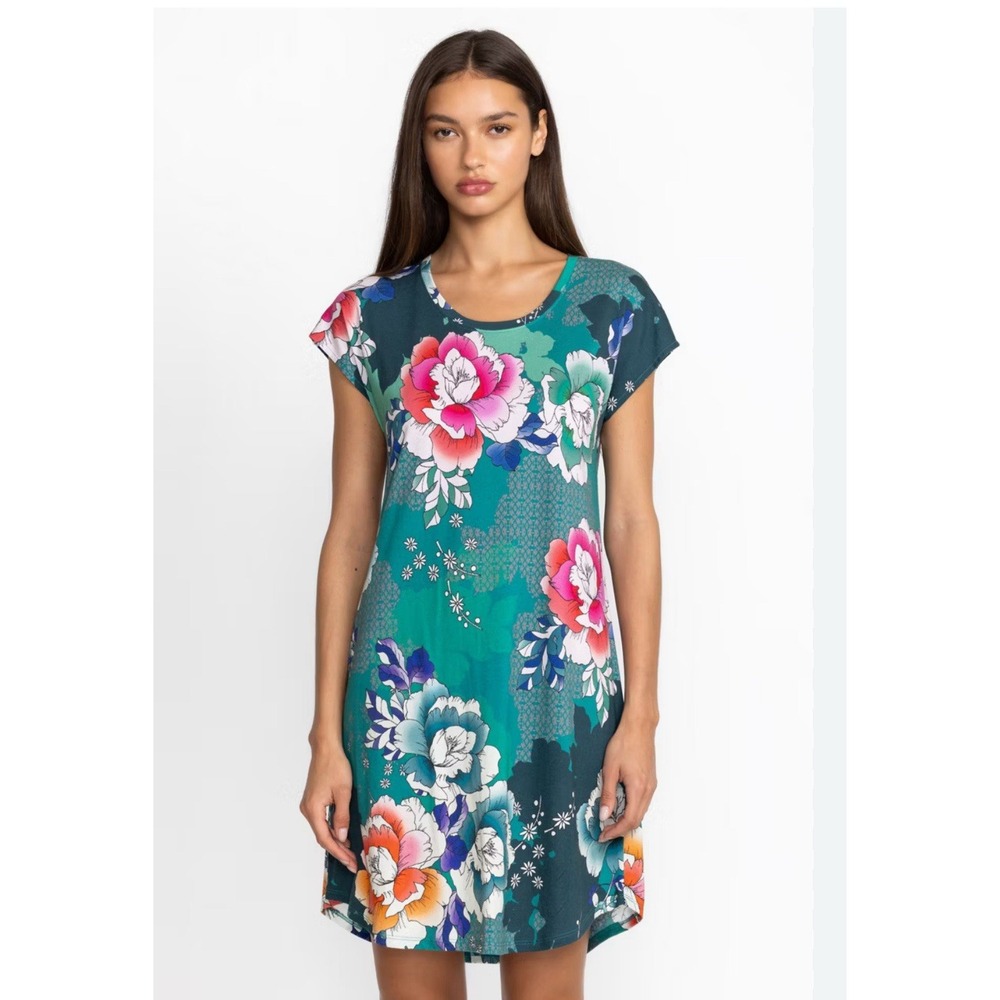 Johnny Was The Brigette Cap Sleeve‎ Dress Pima Cotton S Teal Floral Artsy Boho